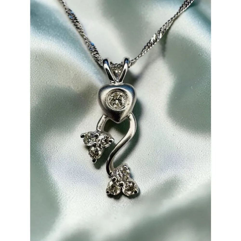 14K White Gold Natural Diamond Heart Necklace -16" Fine Diamond Necklace -2.1g